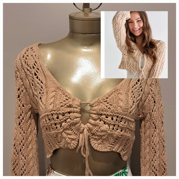 Audrey Park + Francesca's Tan Cropped Crocheted Keyhole Sweater - Picture 1 of 10